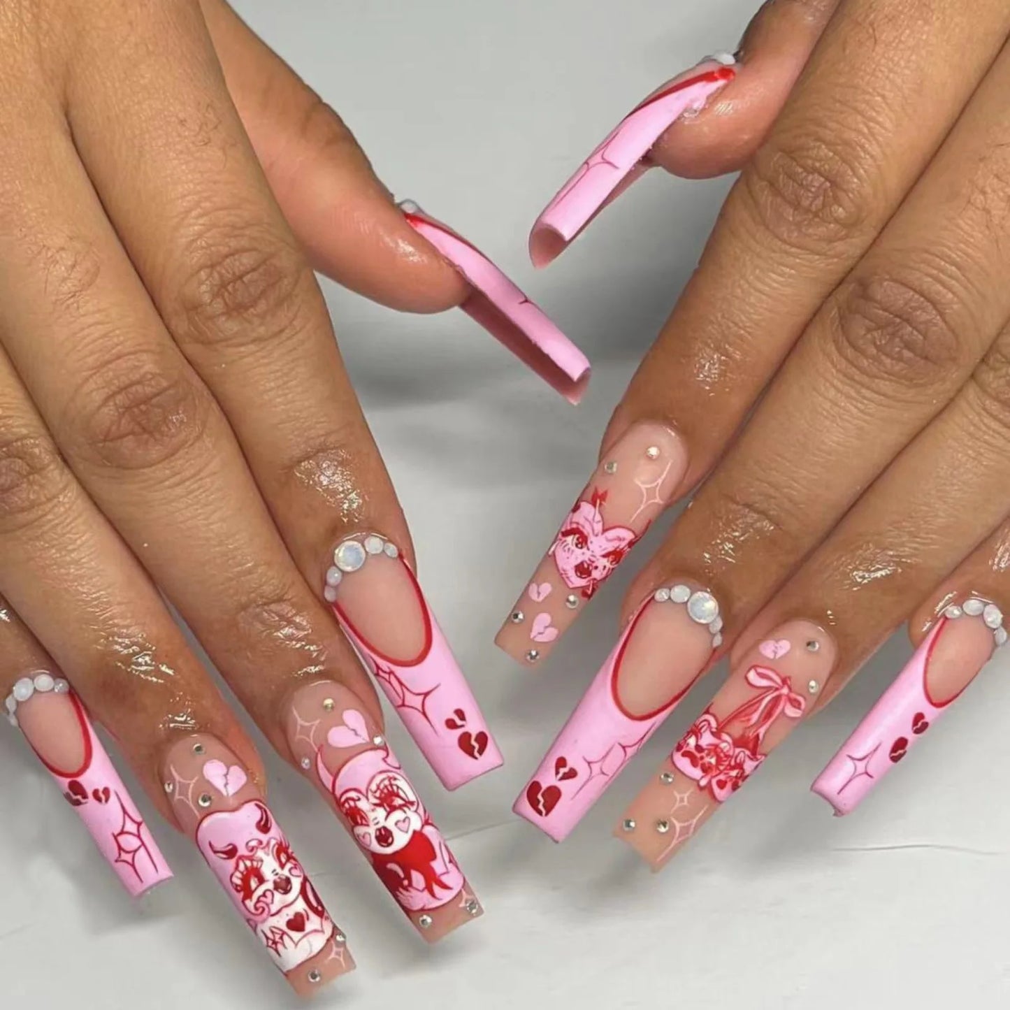 Square Head Ballerina French Pink False Nails With Glue Full Cover Fake Nails Press On Nail Long Acrylic Manicure