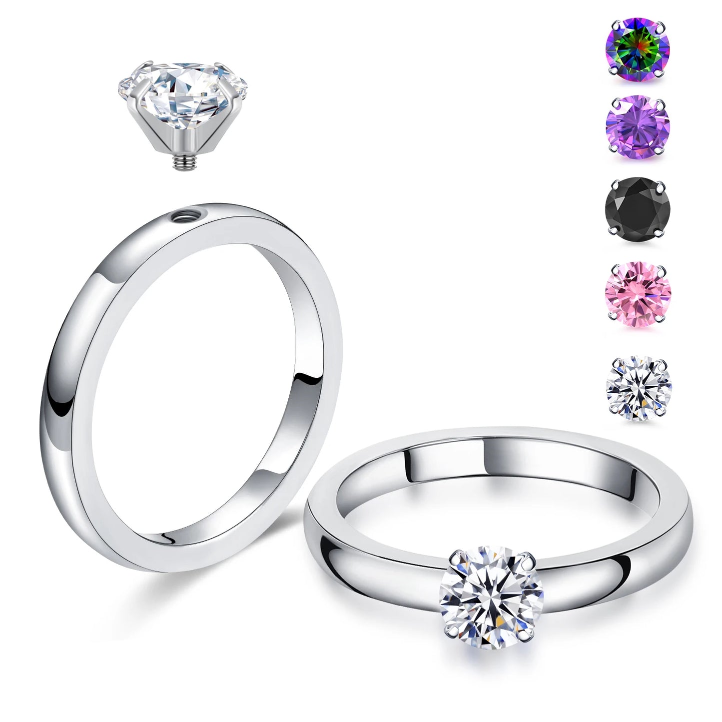 Solitaire  Stainless Steel Rings Interchangeable Cubic Zirconia