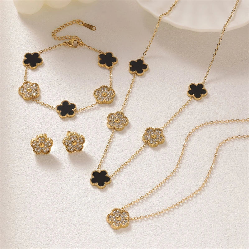 316L Stainless Steel Jewelry Set Zircon 5-Leaf Flowers