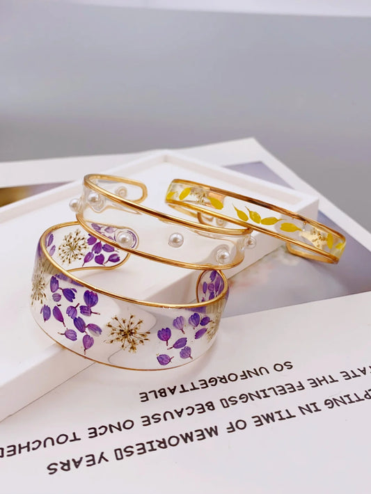 Handmade Transparent Resin Bracelet with Real Dried Flowers for Women