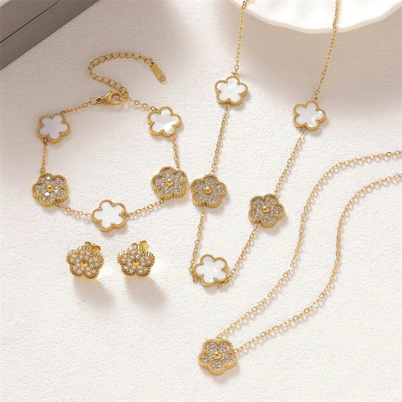 316L Stainless Steel Jewelry Set Zircon 5-Leaf Flowers