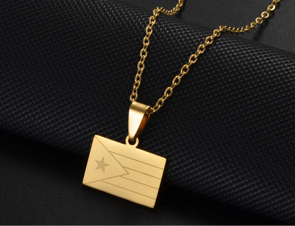 Heart Rectangle Puerto Rico Flag Pendant Necklaces