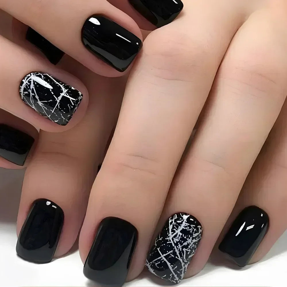 Solid Black Short False Nails with Rose Pattern Design Ballerina Square Artificial Full Cover Press on Nail Tips for Girls