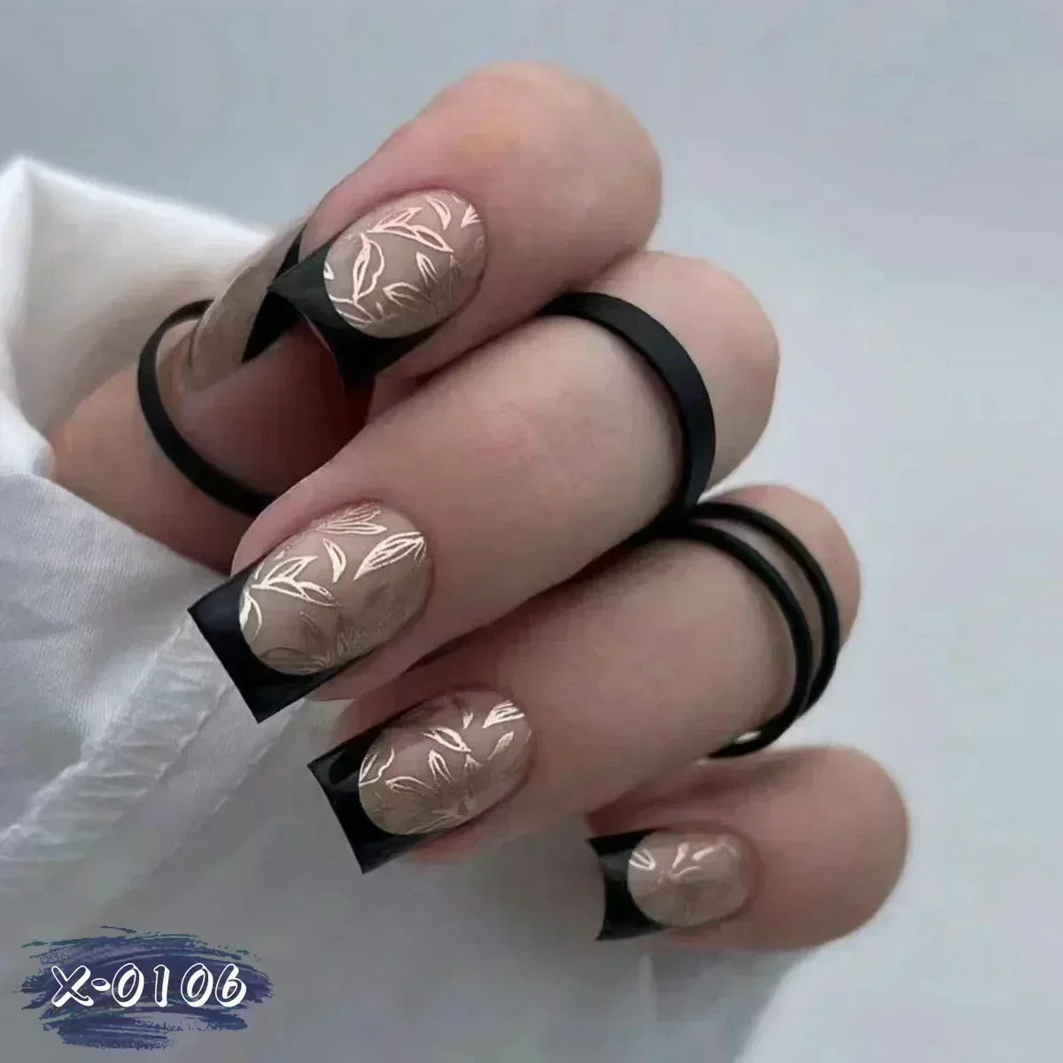 Solid Black Short False Nails with Rose Pattern Design Ballerina Square Artificial Full Cover Press on Nail Tips for Girls