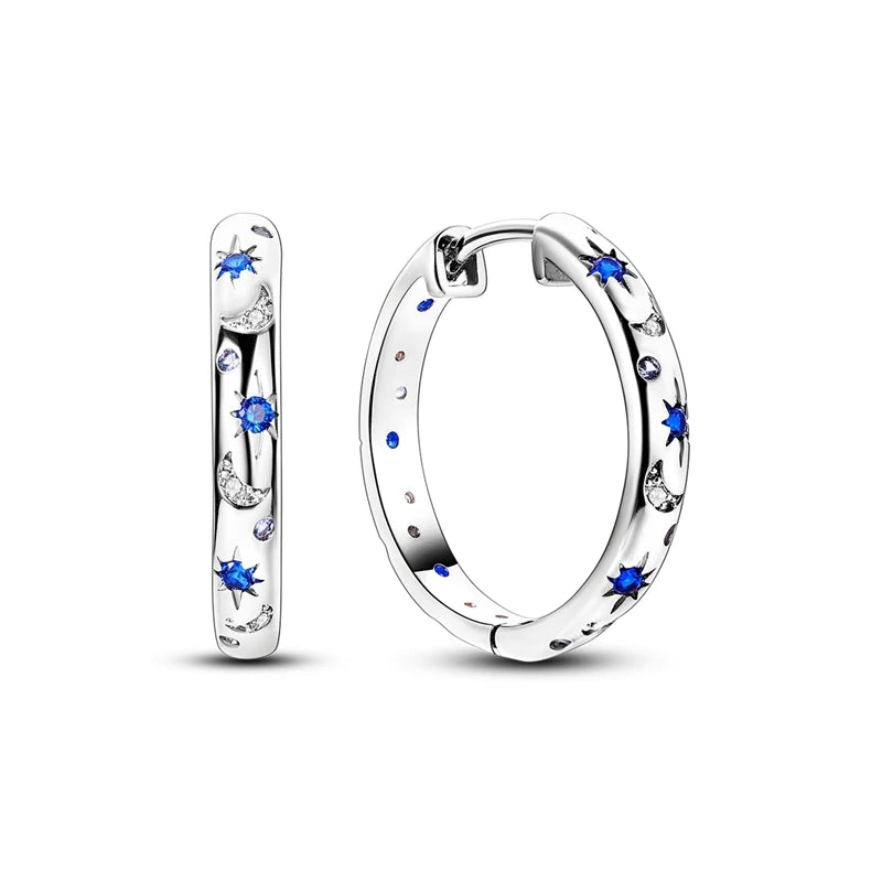 EJ 925 Sterling Silver Earrings Ring Set Sparkling Star Hoops Earrings
