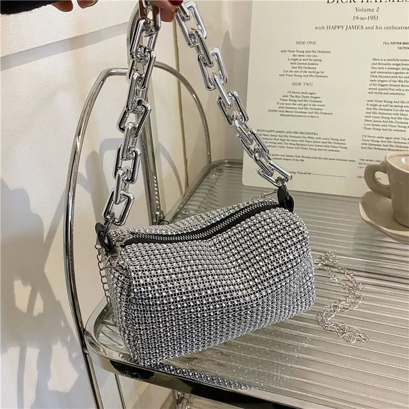 Small Allover Rhinestone Bucket Bag, Glitter Chain  Purse
