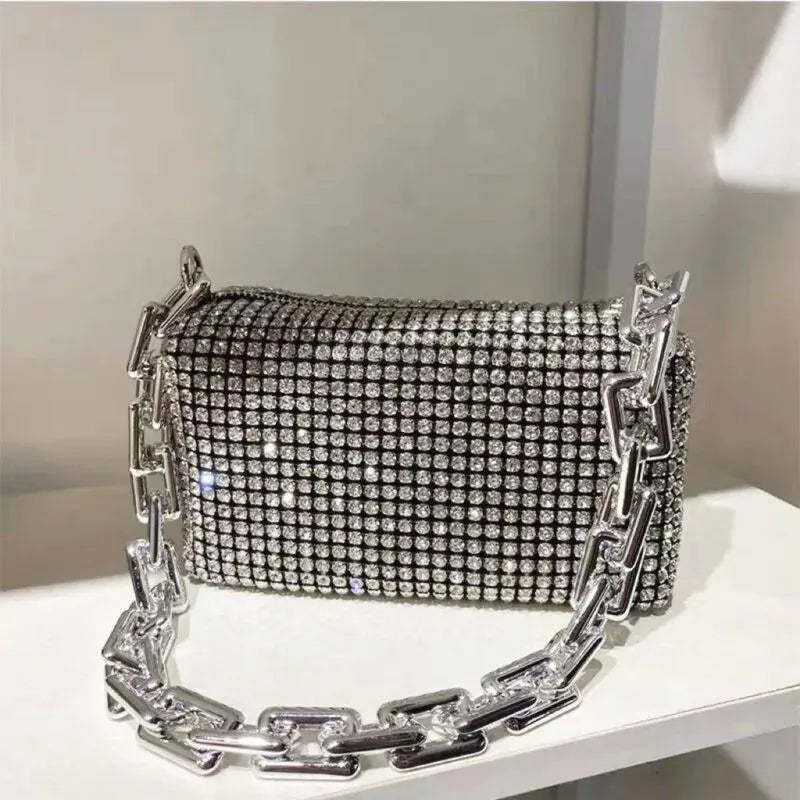 Small Allover Rhinestone Bucket Bag, Glitter Chain  Purse