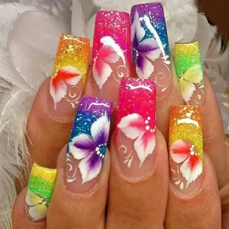 Colorful Butterfly Designs French Press on Nails Long Ballet False Nails with Rhinestone acrylic Fake Nails tips