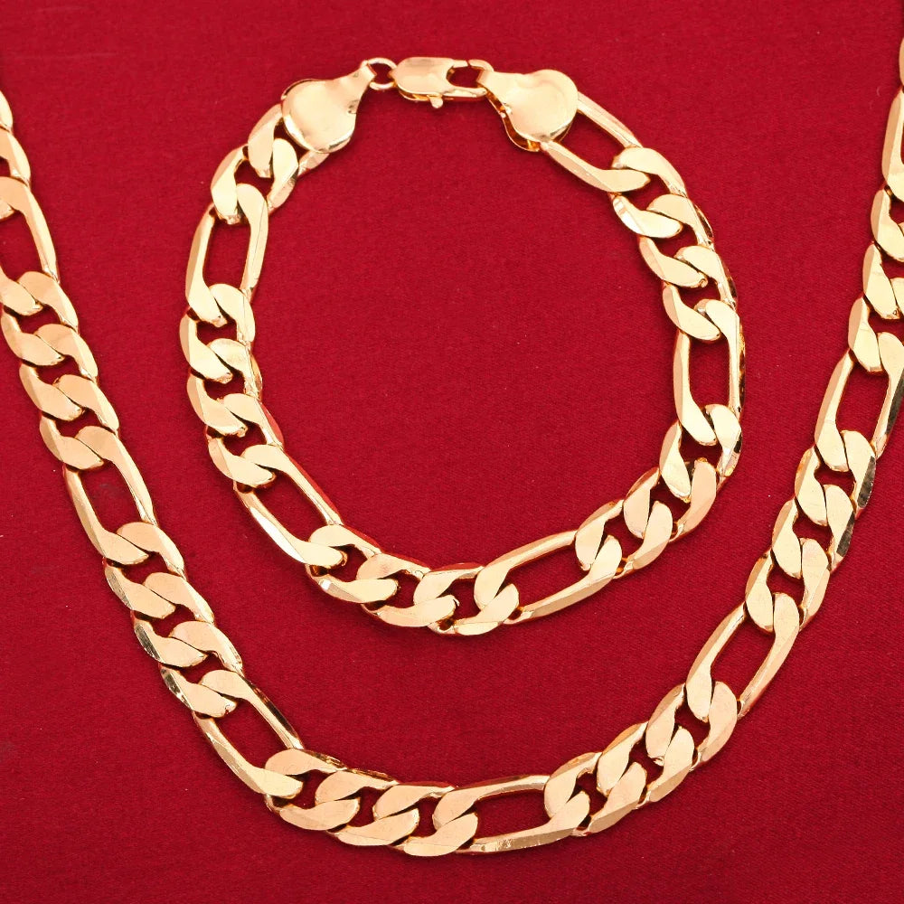 Fine 925 Sterling Silver 18K Gold 6MM Geometry Bracelets Neckalce Set