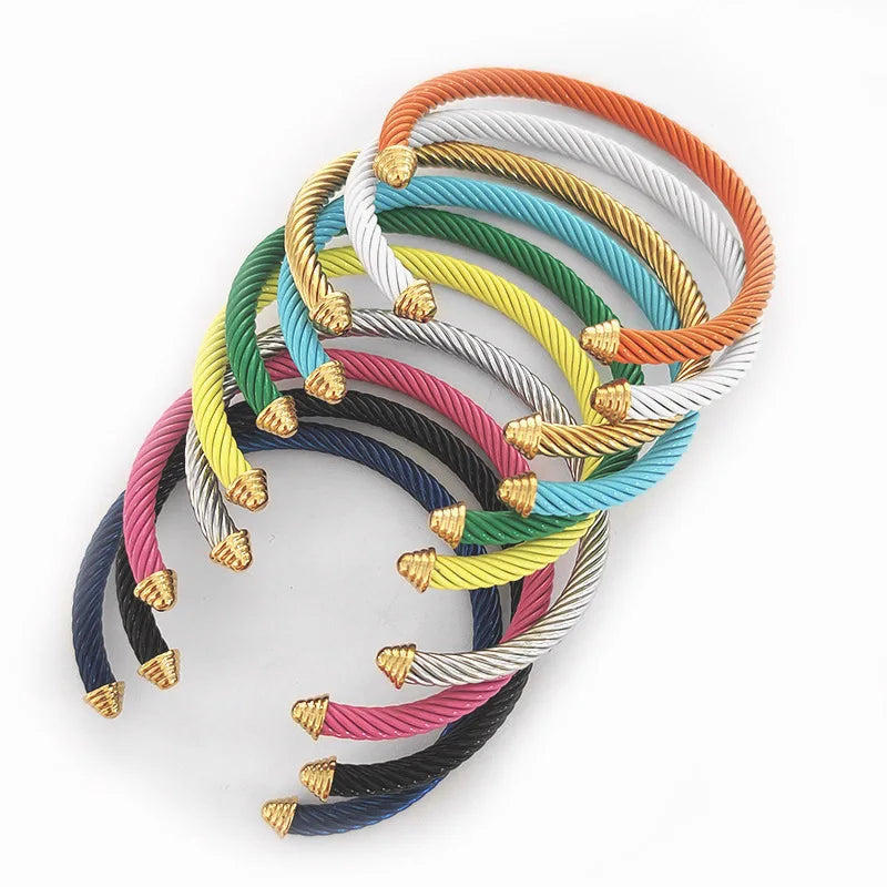 New Luxury Stainless Steel C-shaped Color Cable Cuff Bangles Resizable Designer