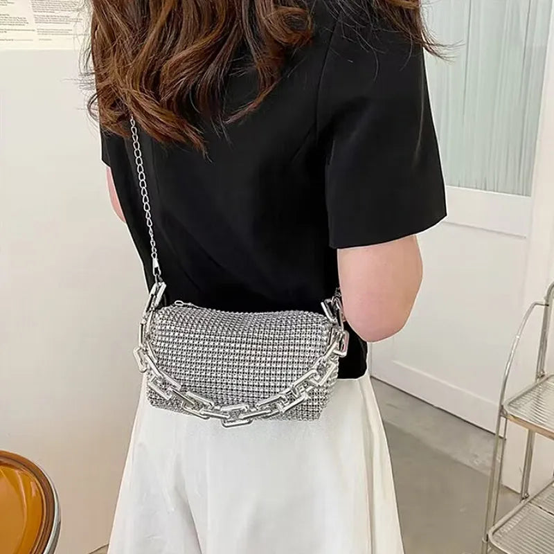 Small Allover Rhinestone Bucket Bag, Glitter Chain  Purse
