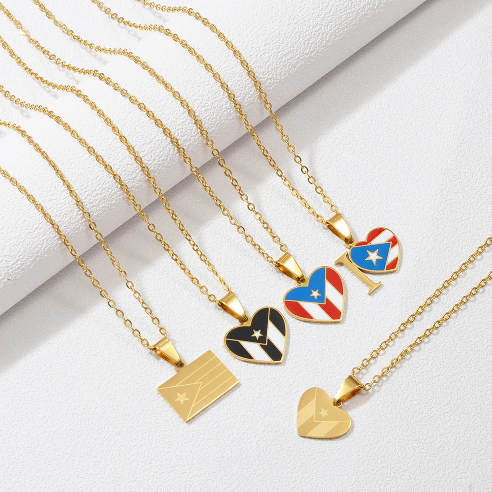 Heart Rectangle Puerto Rico Flag Pendant Necklaces