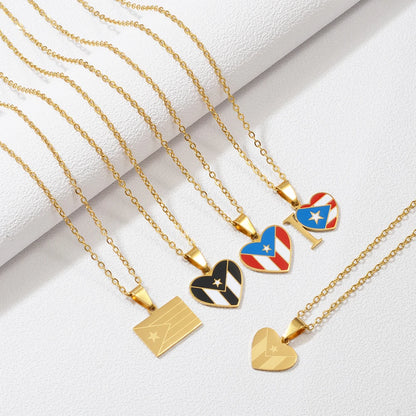 Heart Rectangle Puerto Rico Flag Pendant Necklaces