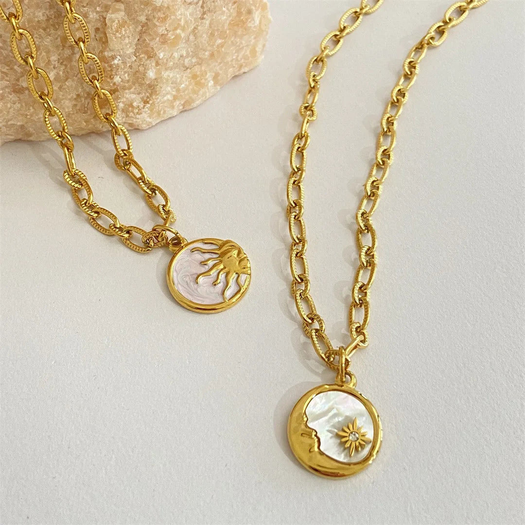 Vintage Sun and Moon Pendants Necklace White Shell Round Coin Stainless Steel