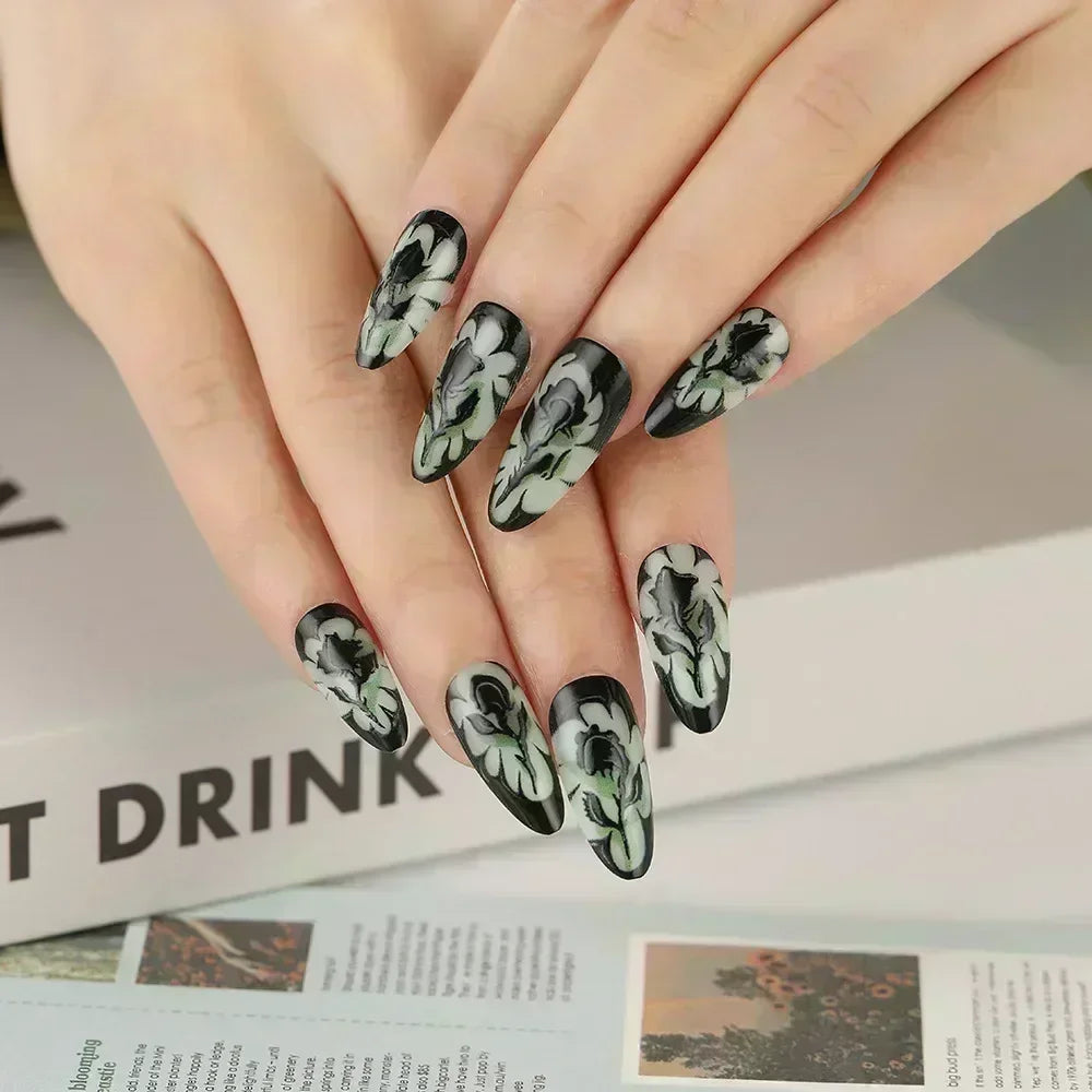 Long Stiletto Press on Nails Box Acrylic False Nails with Almond Designs Black Gold Foil French Full Cover Fake Nail Tips