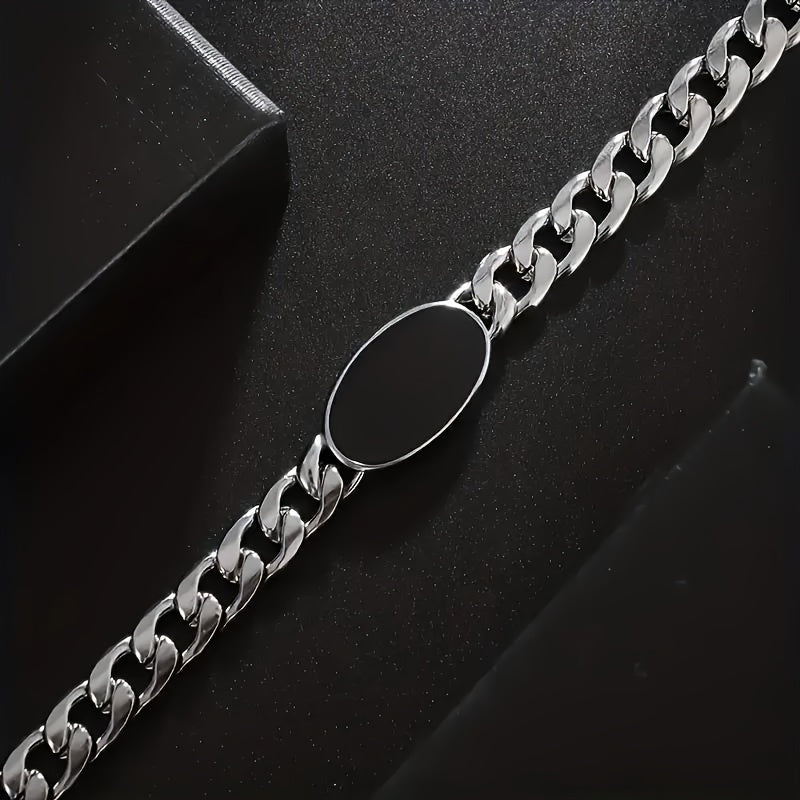 Chain Bracelet with Black Oval Synthetic Stone Pendant - Unisex