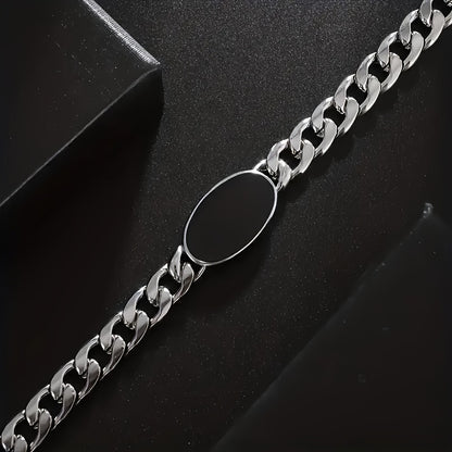Chain Bracelet with Black Oval Synthetic Stone Pendant - Unisex