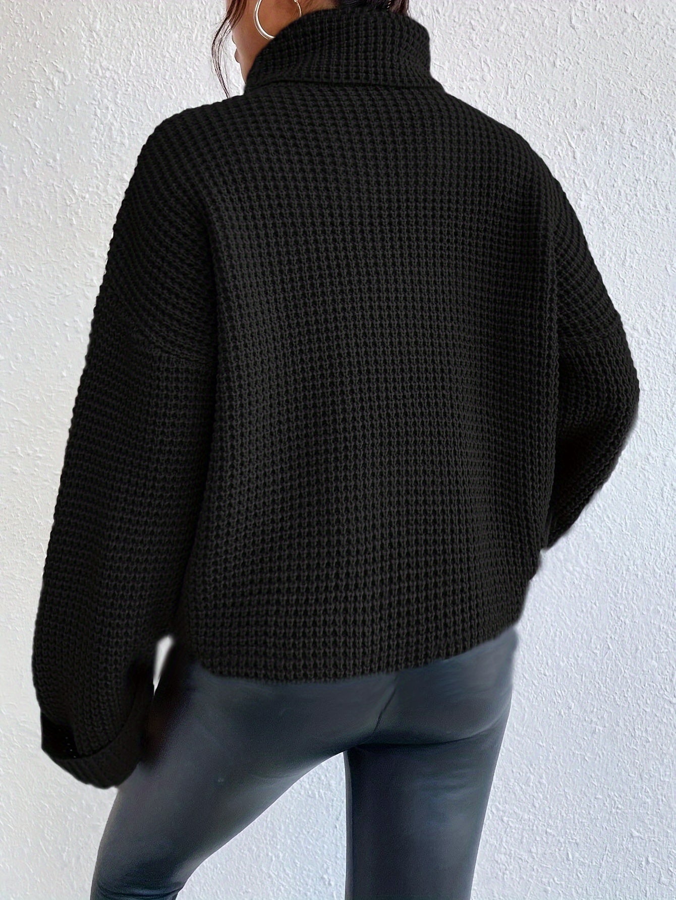 Casual High-Neck Drop Shoulder Waffle Sweater