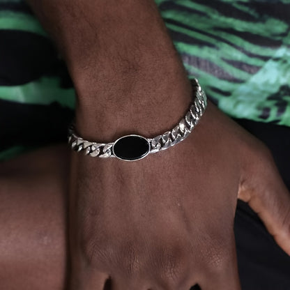 Chain Bracelet with Black Oval Synthetic Stone Pendant - Unisex
