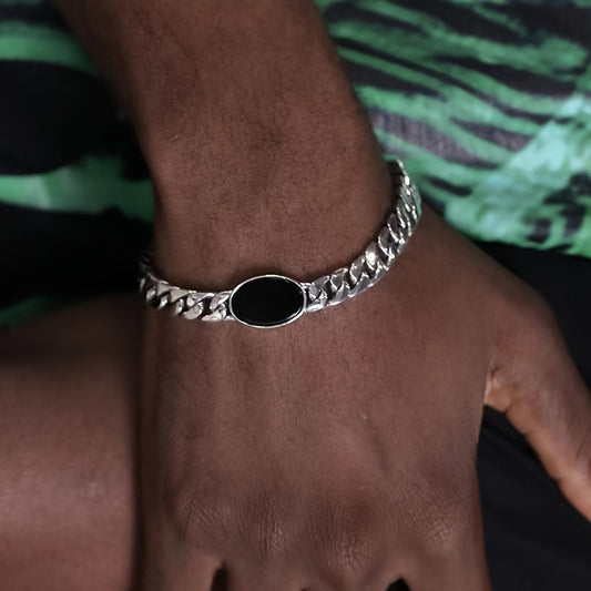 Chain Bracelet with Black Oval Synthetic Stone Pendant - Unisex