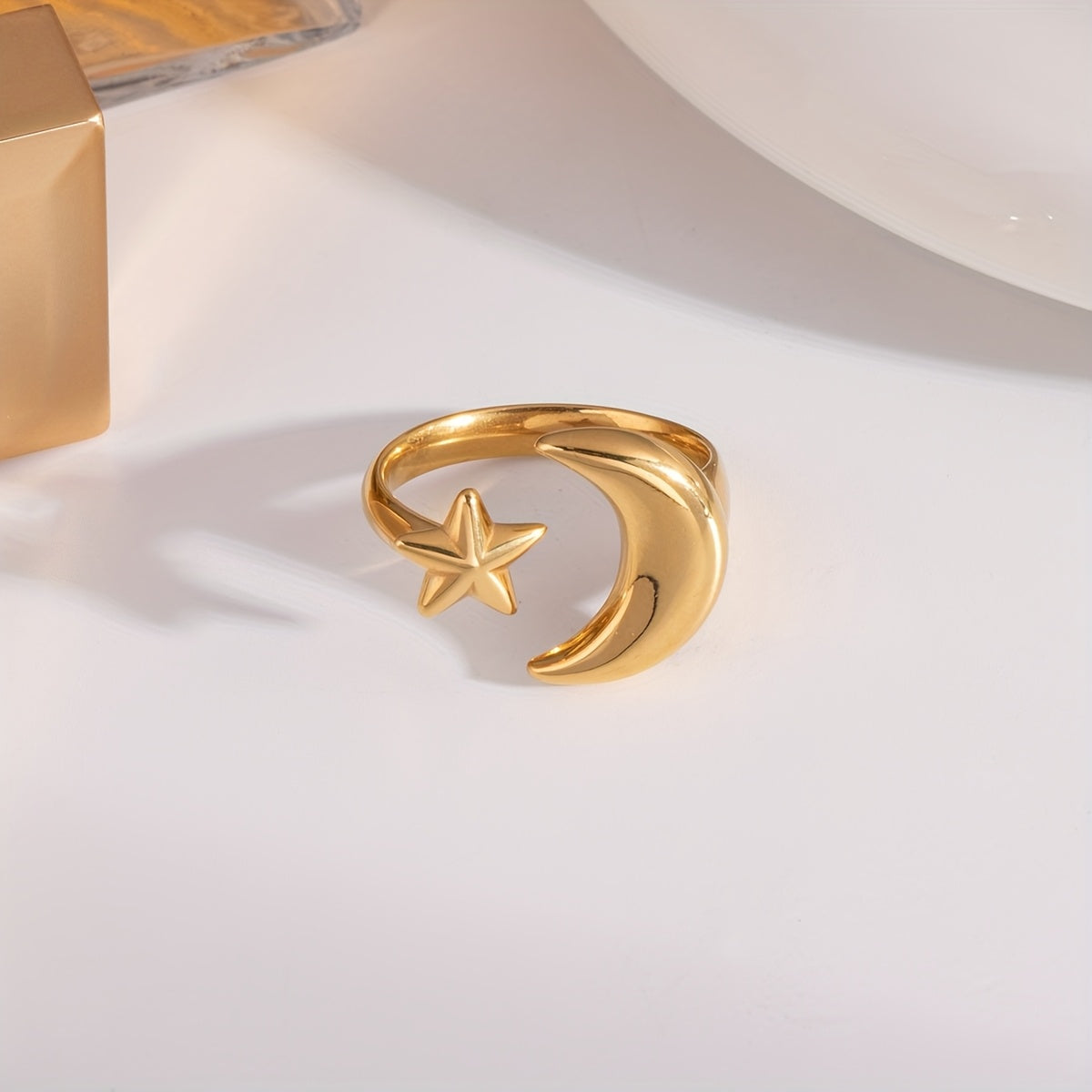 Minimalist Fashion Stainless Steel Geometric Moon and Star Open Ring, Women'S Waterproof Jewelry Gift
