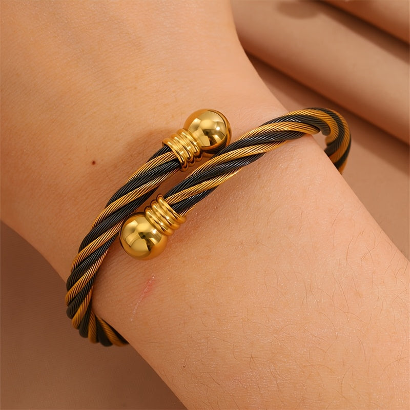 1pc Elegant Stainless Steel Bracelet with Golden-Tone Beads and Black Accents - Versatile Jewelry for Men and Women, Perfect for Daily Wear, Travel, Weddings, and Parties, Party Accessory|Retro Fashion Accessory|Durable Brace