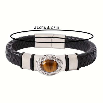 Men's Trendy Bracelet - Black Braided Wristband with Tigereye Stone and Stainless Steel Accessories, Perfect for Daily Wear or Party & Travel Decor