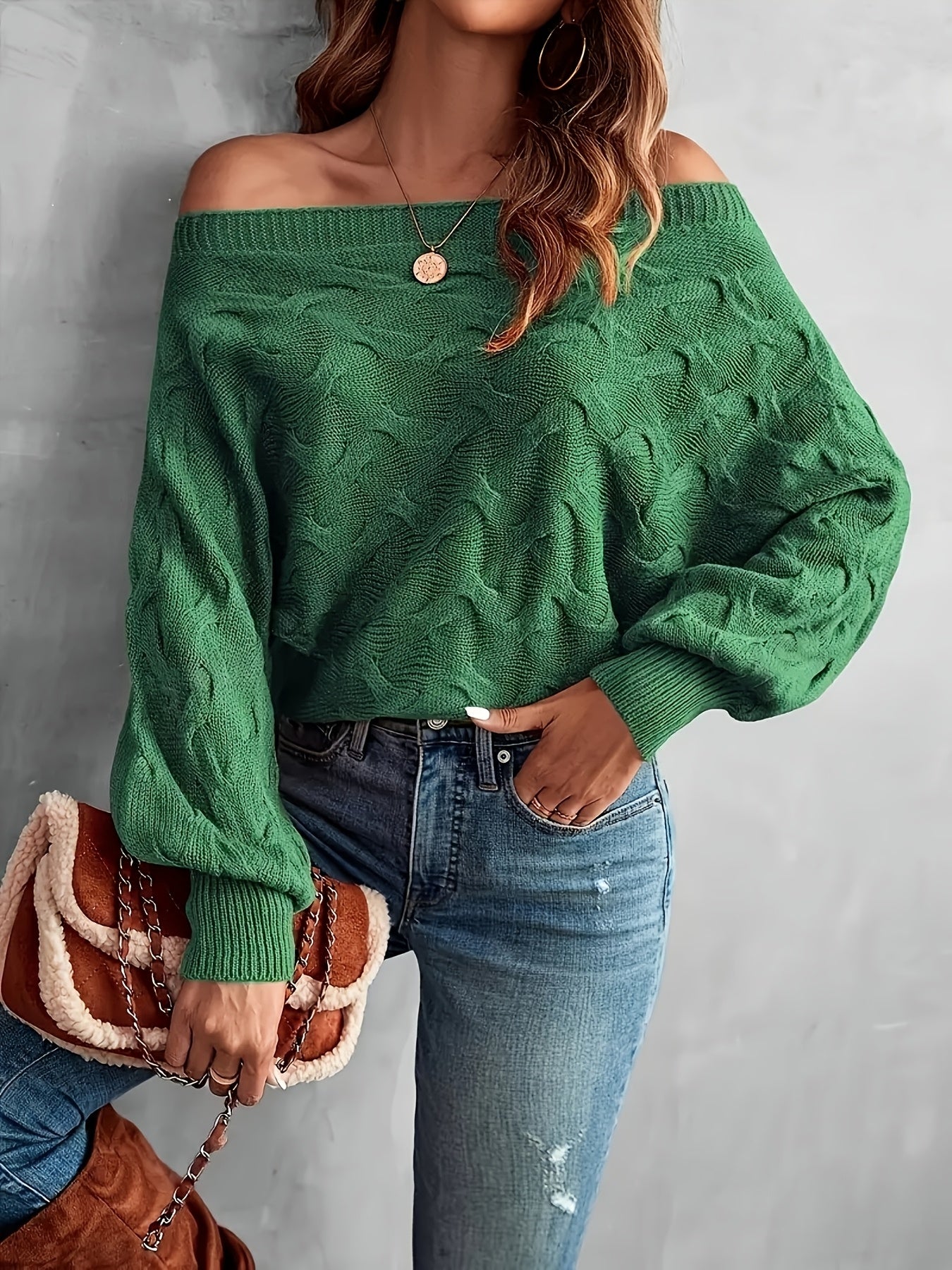 Off-Shoulder Batwing Sleeve Textured Knitwear, Pullover