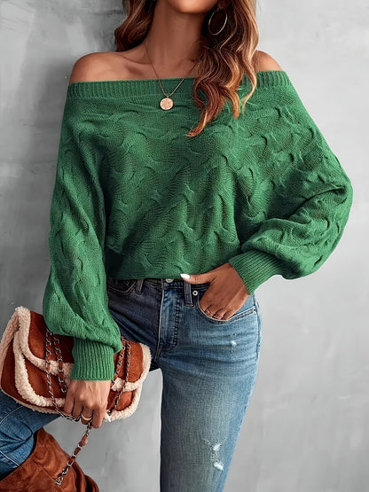 Off-Shoulder Batwing Sleeve Textured Knitwear, Pullover