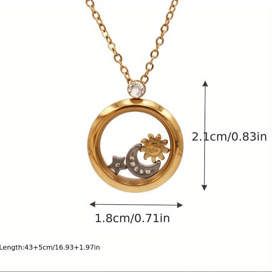 1pc Stainless Steel Vacuum Plated Necklace with Transparent Mirror Double-Layer Rotating Star Moon Sun Design - Vintage Luxury Women'S Pendant for Proposal, Birthday Gift, Anniversary, Valentine'S Day