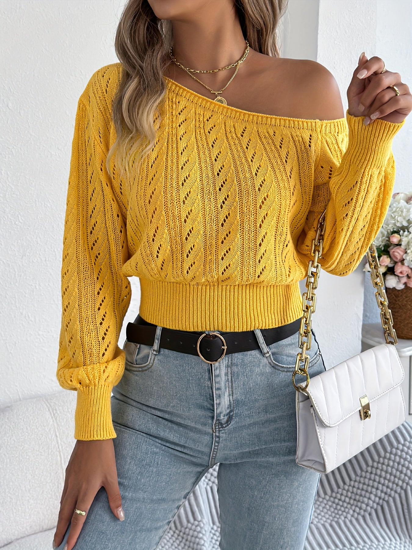 Off-shoulder Long-sleeve Knitted Sweater