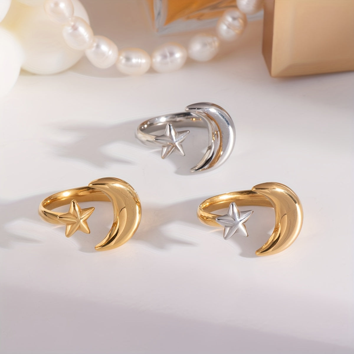 Minimalist Fashion Stainless Steel Geometric Moon and Star Open Ring, Women'S Waterproof Jewelry Gift