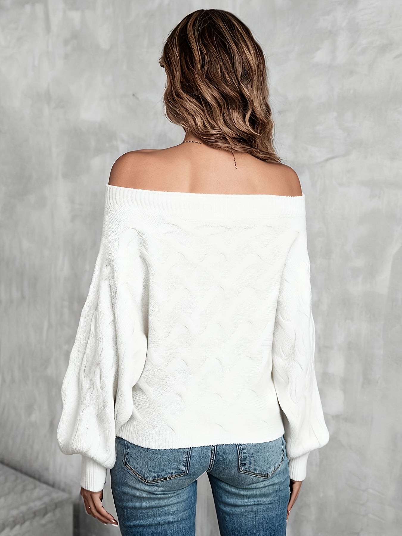Off-Shoulder Batwing Sleeve Textured Knitwear, Pullover