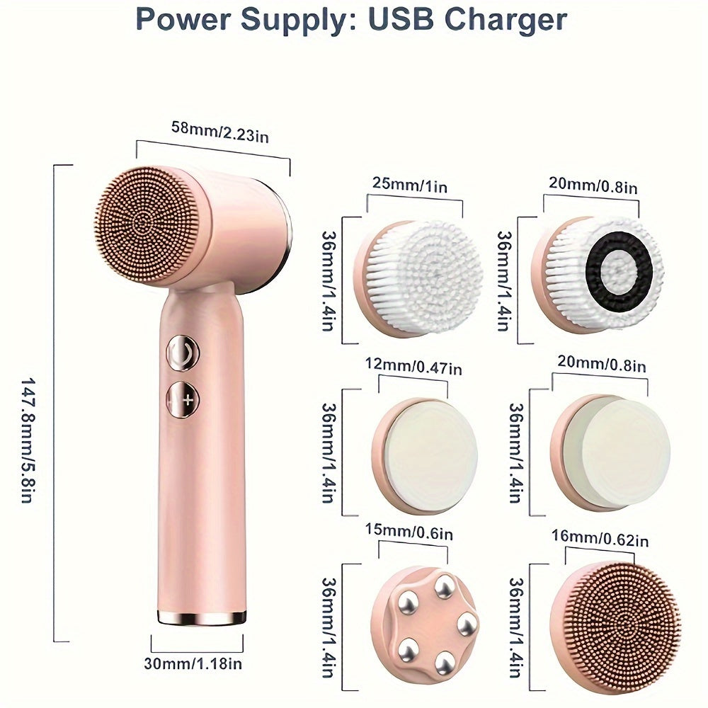 6-in-1 USB Rechargeable Electric Cleansing Brush with 6 Heads