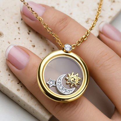 1pc Stainless Steel Vacuum Plated Necklace with Transparent Mirror Double-Layer Rotating Star Moon Sun Design - Vintage Luxury Women'S Pendant for Proposal, Birthday Gift, Anniversary, Valentine'S Day