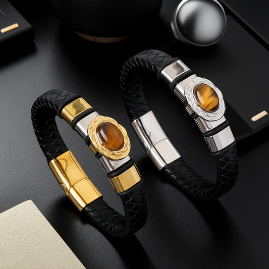 Men's Trendy Bracelet - Black Braided Wristband with Tigereye Stone and Stainless Steel Accessories, Perfect for Daily Wear or Party & Travel Decor