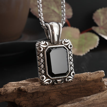 Black Stone Retro Square Pendant Necklace