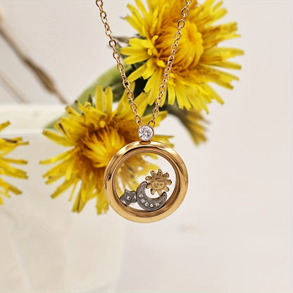 1pc Stainless Steel Vacuum Plated Necklace with Transparent Mirror Double-Layer Rotating Star Moon Sun Design - Vintage Luxury Women'S Pendant for Proposal, Birthday Gift, Anniversary, Valentine'S Day