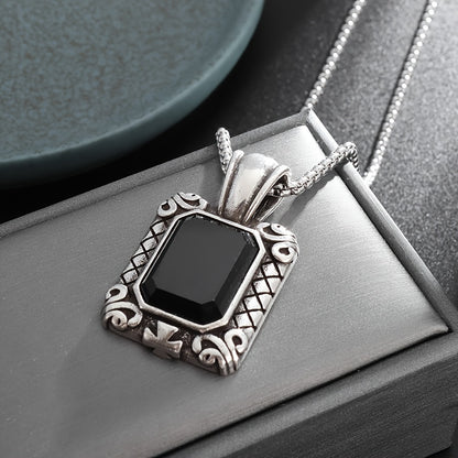 Black Stone Retro Square Pendant Necklace