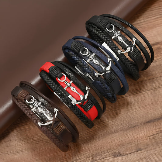 Classic Unisex Vintage Nautical Anchor Bracelet - Faux Leather Magnetic Clasp, Adjustable Maritime Charm Design, Multi-Color Options (Black, Red, Blue, Brown, White, Navy) for &, Trendy Gift for Birthdays, Christmas, Graduati