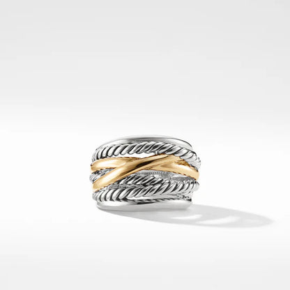 S925 GOLD PLATED 2 TONES Crossover Wide Ring