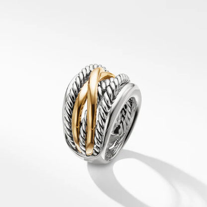 S925 GOLD PLATED 2 TONES Crossover Wide Ring