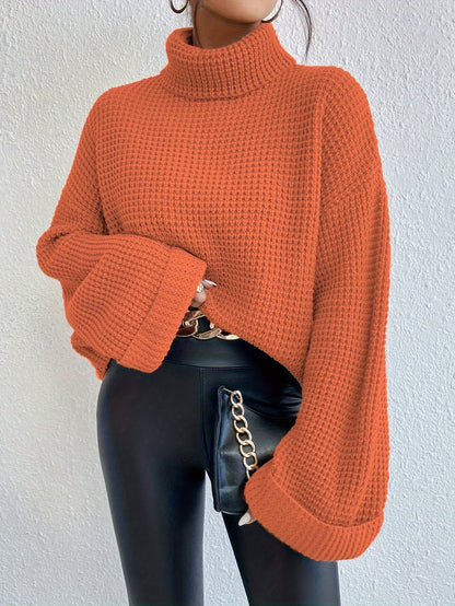 Casual High-Neck Drop Shoulder Waffle Sweater