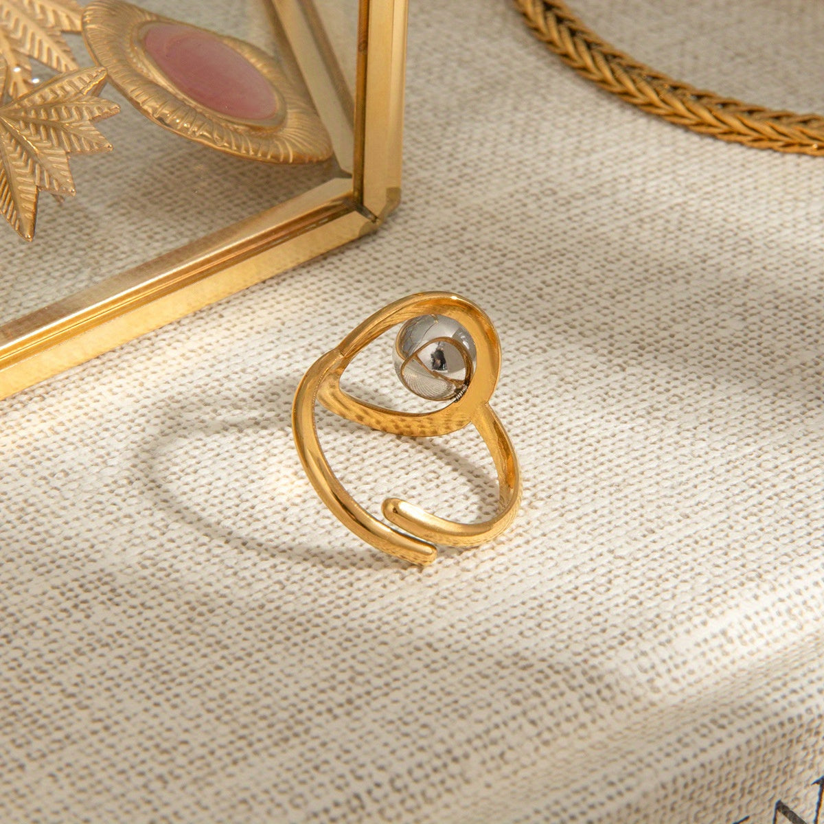 Uworld Women's Minimalist Stainless Steel Open Ring - Adjustable Sphere bead, Everyday & Formal Jewelry, Valentine's Gift, Durable Everyday Wedding Band, Adjustable Accessory, Twisted Band, Polished Finish