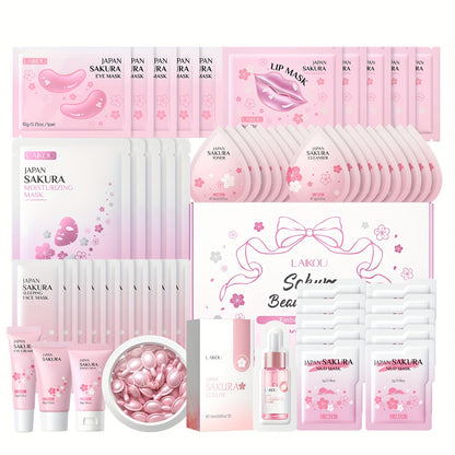 60-in-1 Sakura Skincare Set - All-in-One Facial Care Kit with Cleanser, Toner, Serum, Eye Cream, Face Cream, Masks
