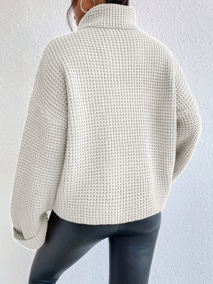 Casual High-Neck Drop Shoulder Waffle Sweater