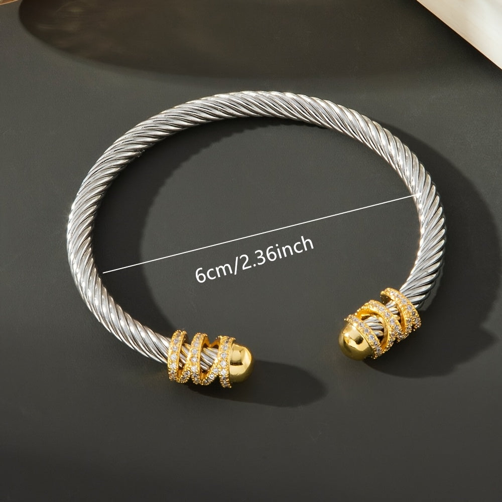 Vintage Stainless Steel Women's Bracelet with Golden Accents and Gemstone Detailing - Retro Twist Open Design for Valentine's Day, Anniversaries, Daily Wear, and Party Gifts, Bracelets for Couples