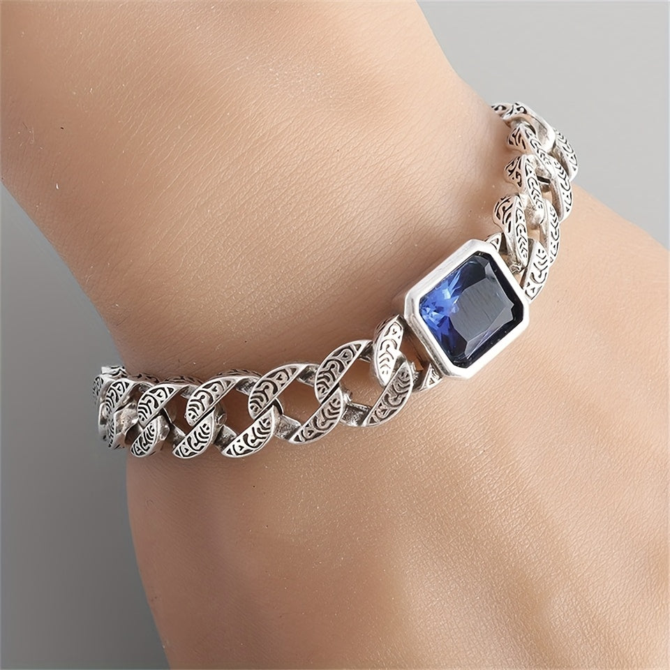Luxury Vintage-Inspired Cuban Chain Bracelet with Synthetic Blue Gemstone - Silvery Plated