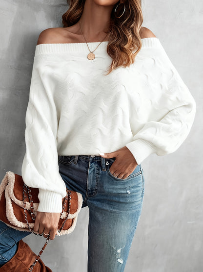 Off-Shoulder Batwing Sleeve Textured Knitwear, Pullover