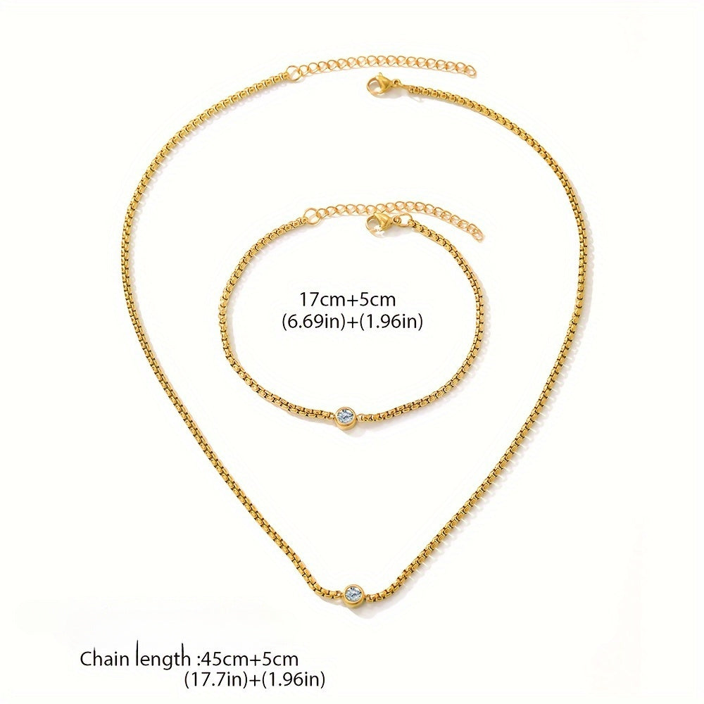 2pcs Stainless Steel Bohemian Style Necklace and Bracelet Set with Synthetic Diamonds, Perfect for Parties, Banquets, Valentine'S Day Gifts, Daily Wear